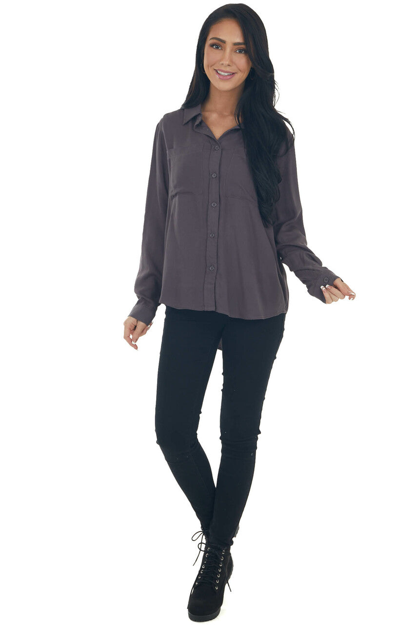 Charcoal Button Down Chest Pocket Collared Shirt