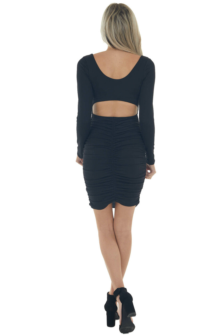 Black Open Back Ruched Bodycon Knit Dress