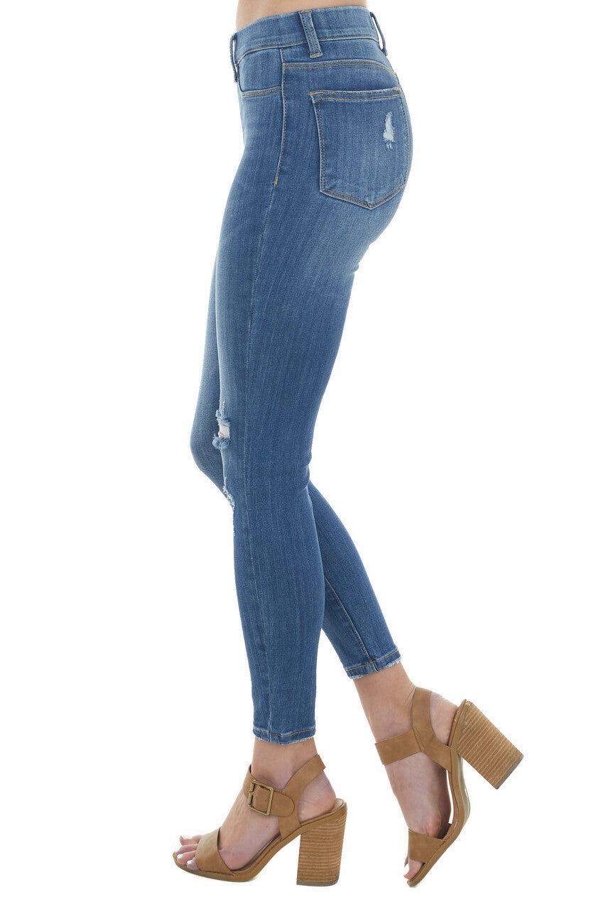 Medium Wash Mid Rise Distressed Knee Jeggings