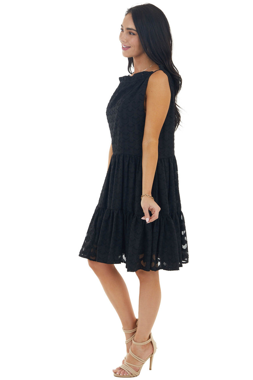Black Jacquard Textured Tiered Dress with Halter Neckline 