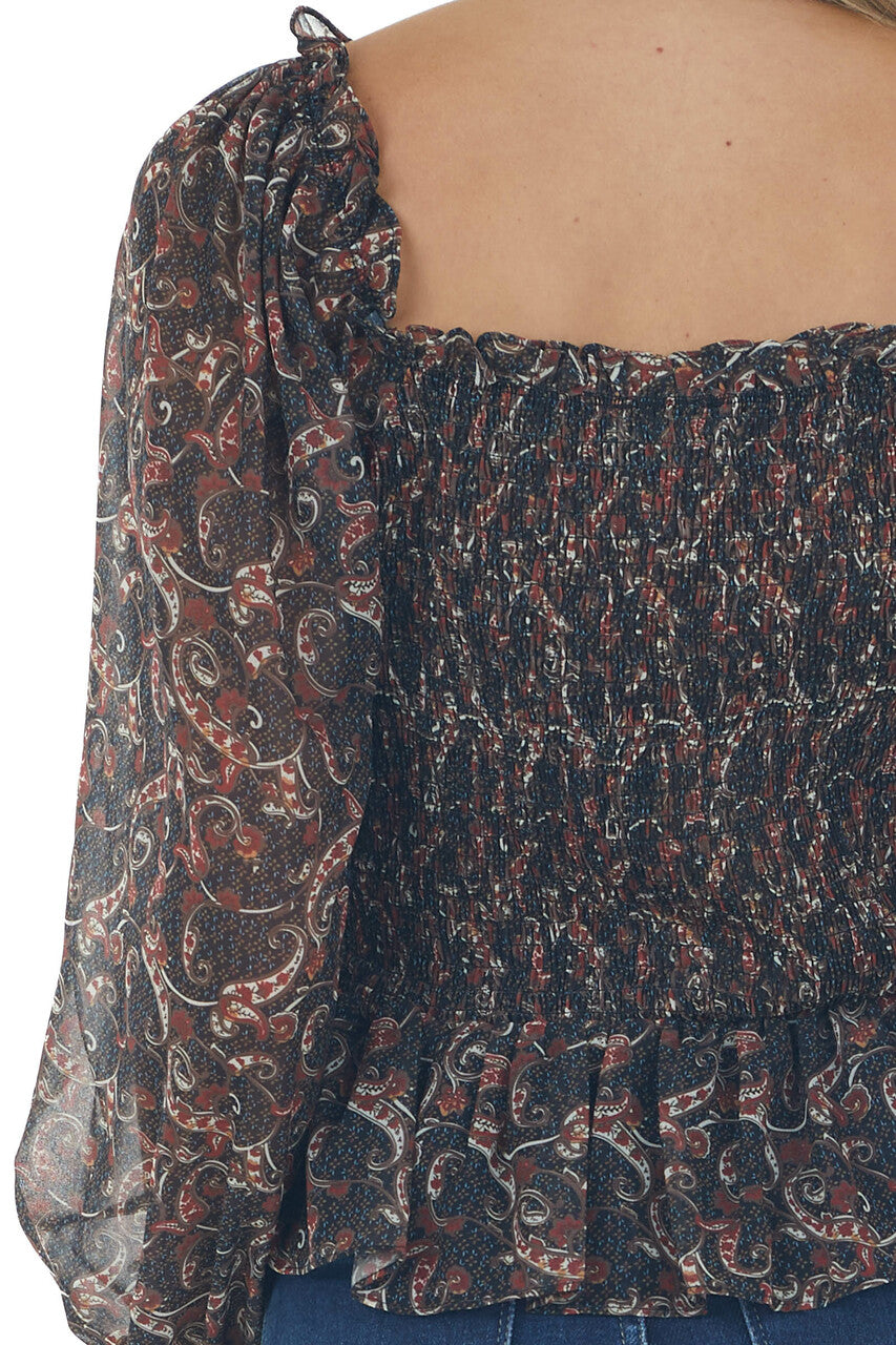 Black Paisley Print Smocked Back Peplum Blouse