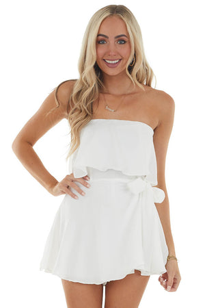 Off White Ruffle Strapless Wrap Skirt Romper 