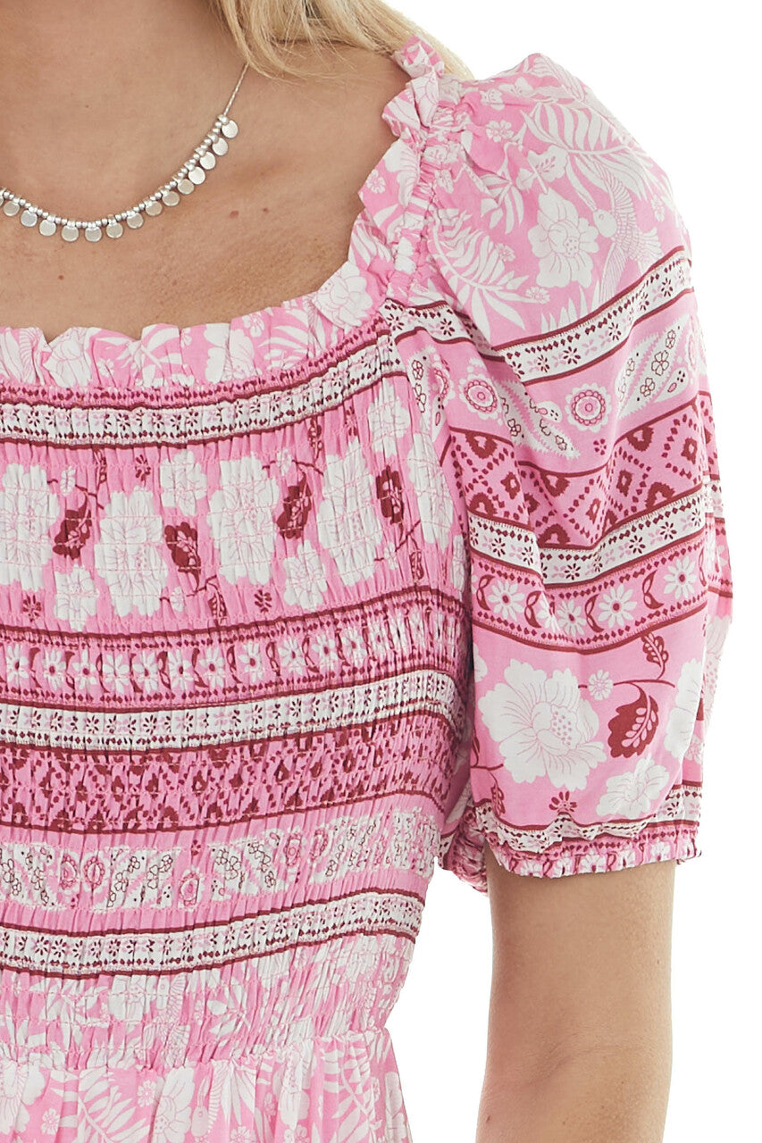 Bubblegum Tropical Print Smocked Short Dress