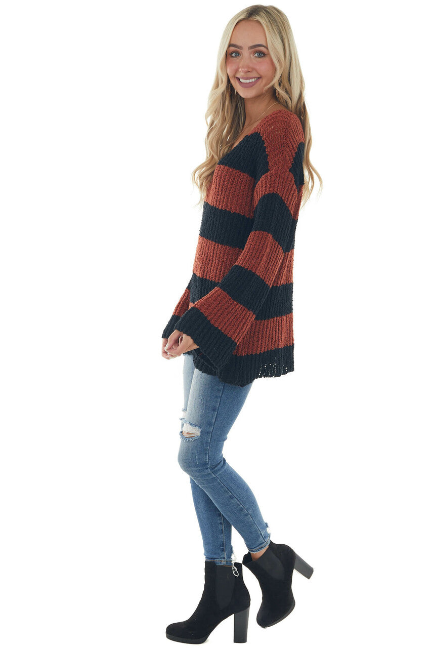 Rust and Black Striped Soft Knit Sweater 