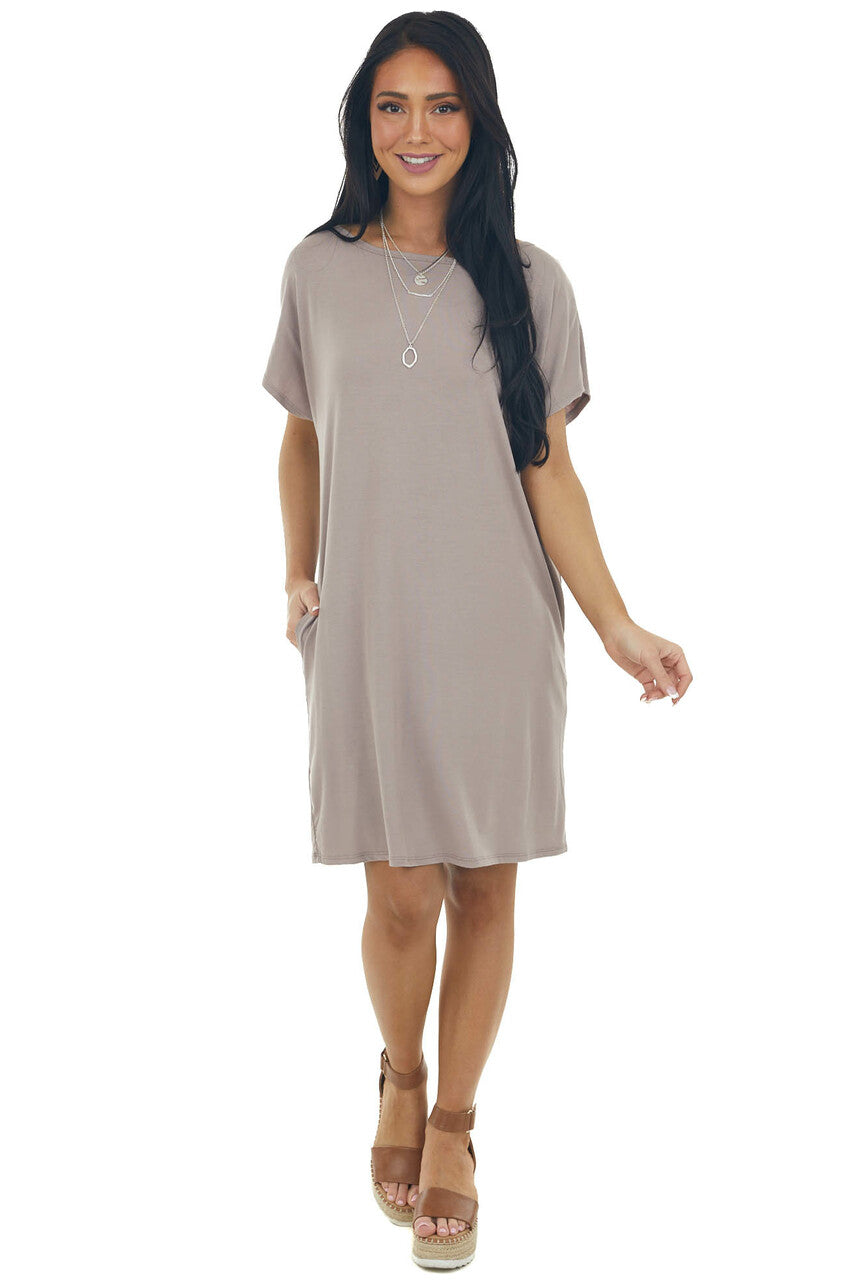 Mocha Knit Mini Tee Shirt Dress with Pockets