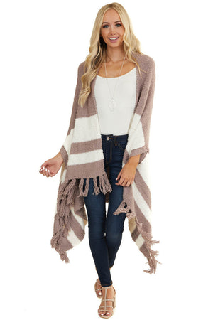 Dusty Rose Super Soft Poncho with Stripes and Fringe Details 