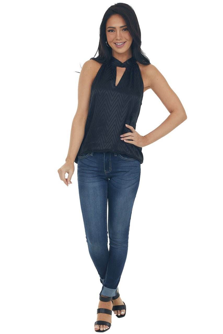 Black Abstract Print Satin Halter Neck Blouse