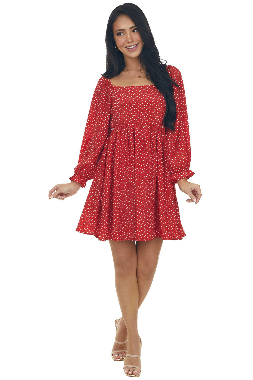 Lipstick Red Heart Print Babydoll Mini Dress