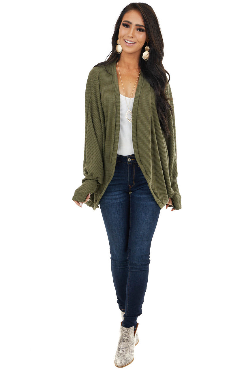 Olive Waffle Knit Open Front Cardigan with Dolman Sleeves