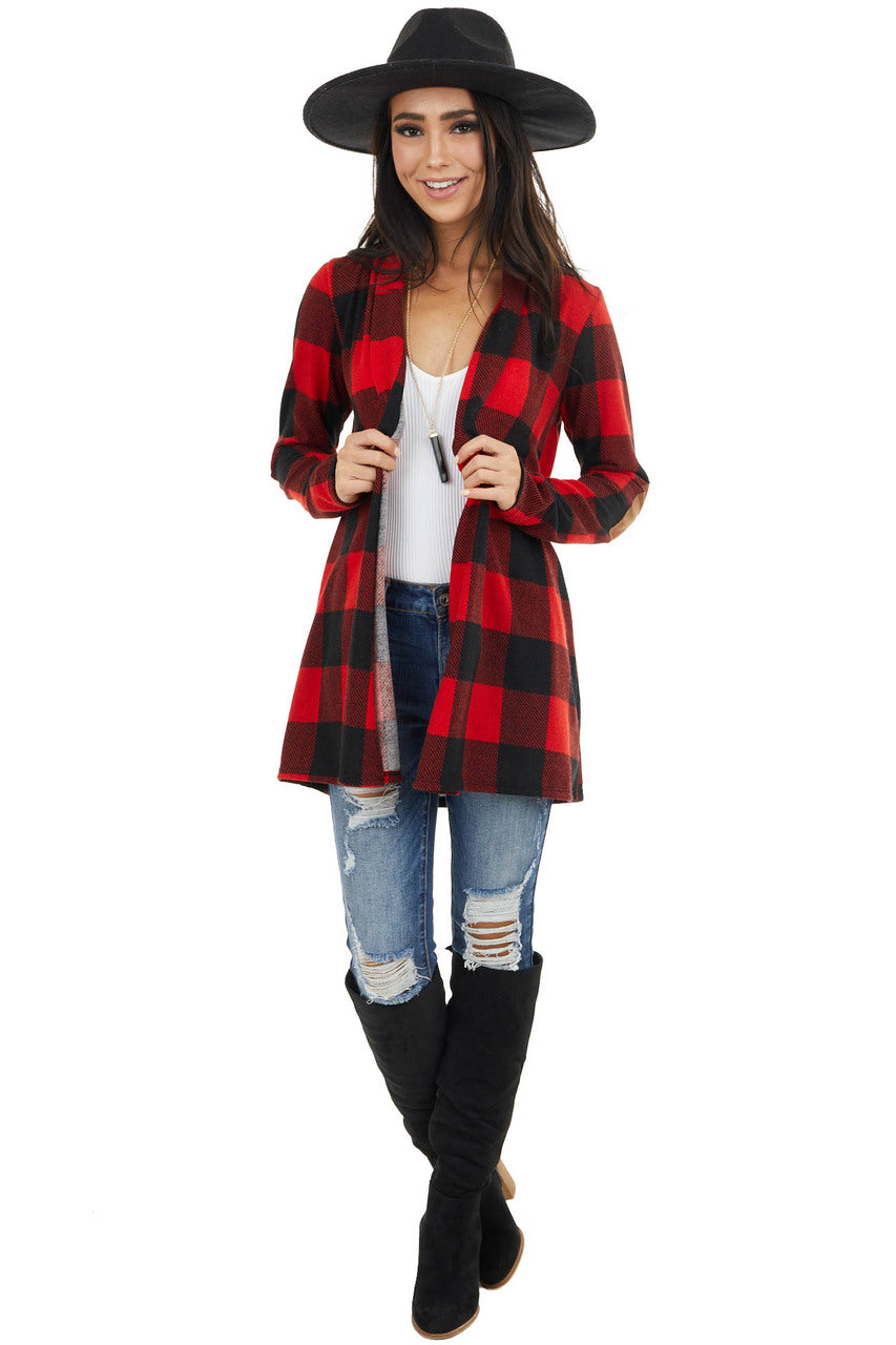 Crimson and Black Buffalo Plaid Cardigan with Elbow Patches