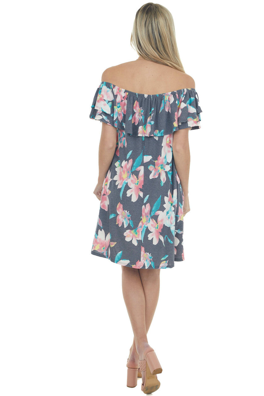 Navy Floral Off Shoulder Overlay Mini Dress