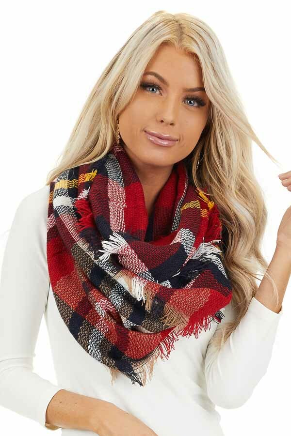 Red and Navy Blue Plaid Scarf with Fringe Detail 
