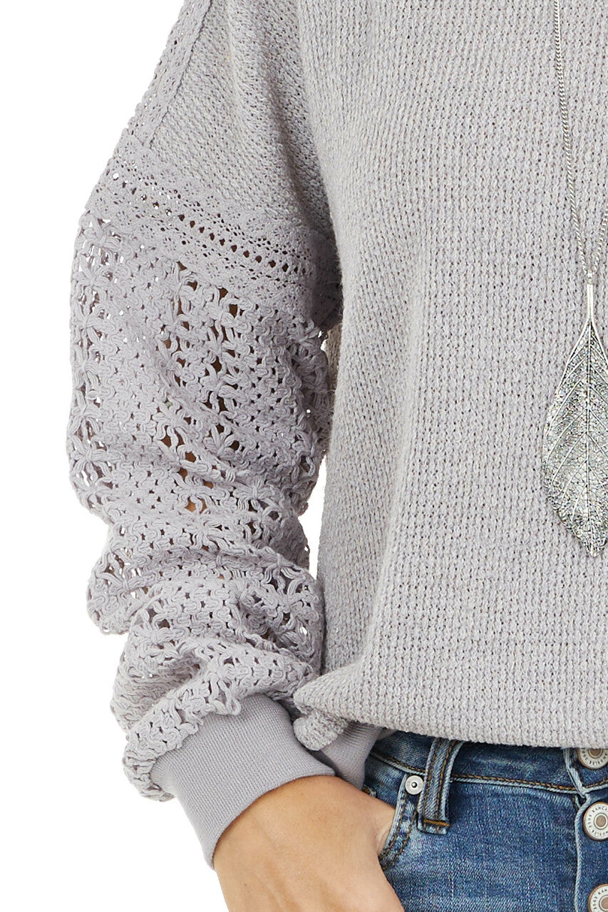 Slate Grey Knit Lightweight Sweater with Crocheted Sleeves