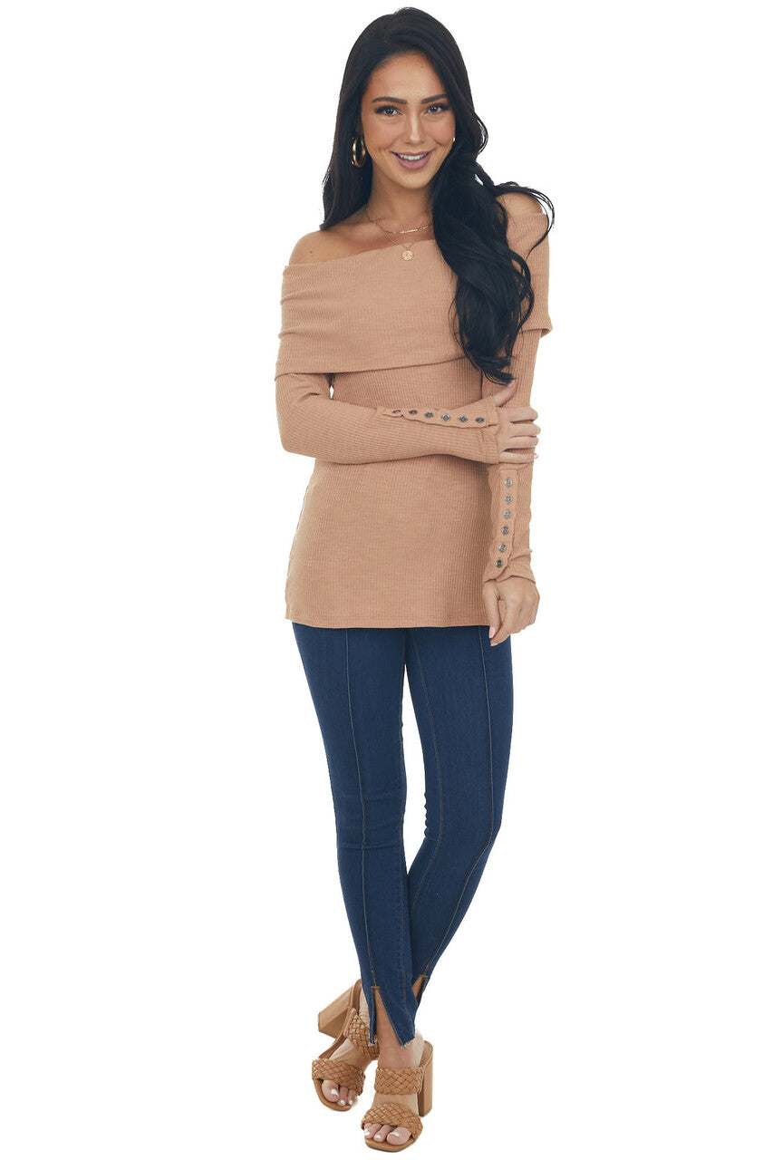 Dark Apricot Ribbed Knit Folded Off the Shoulder Top