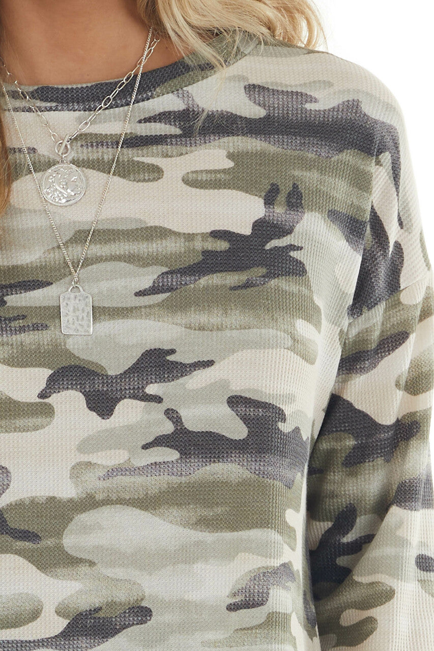 Vintage Olive Camo Waffle Knit Top with 3/4 Sleeves