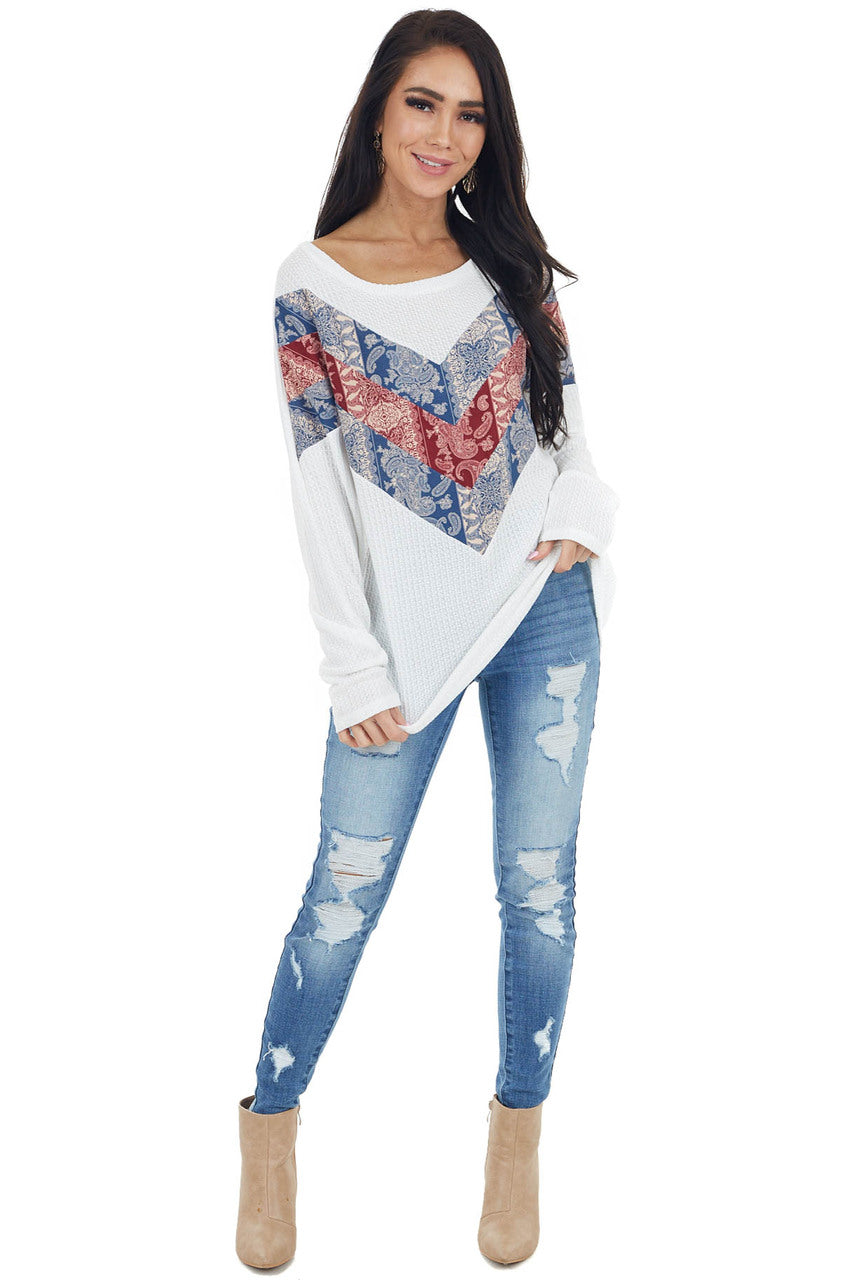 Off White Long Sleeve Top with Paisley Print Colorblock