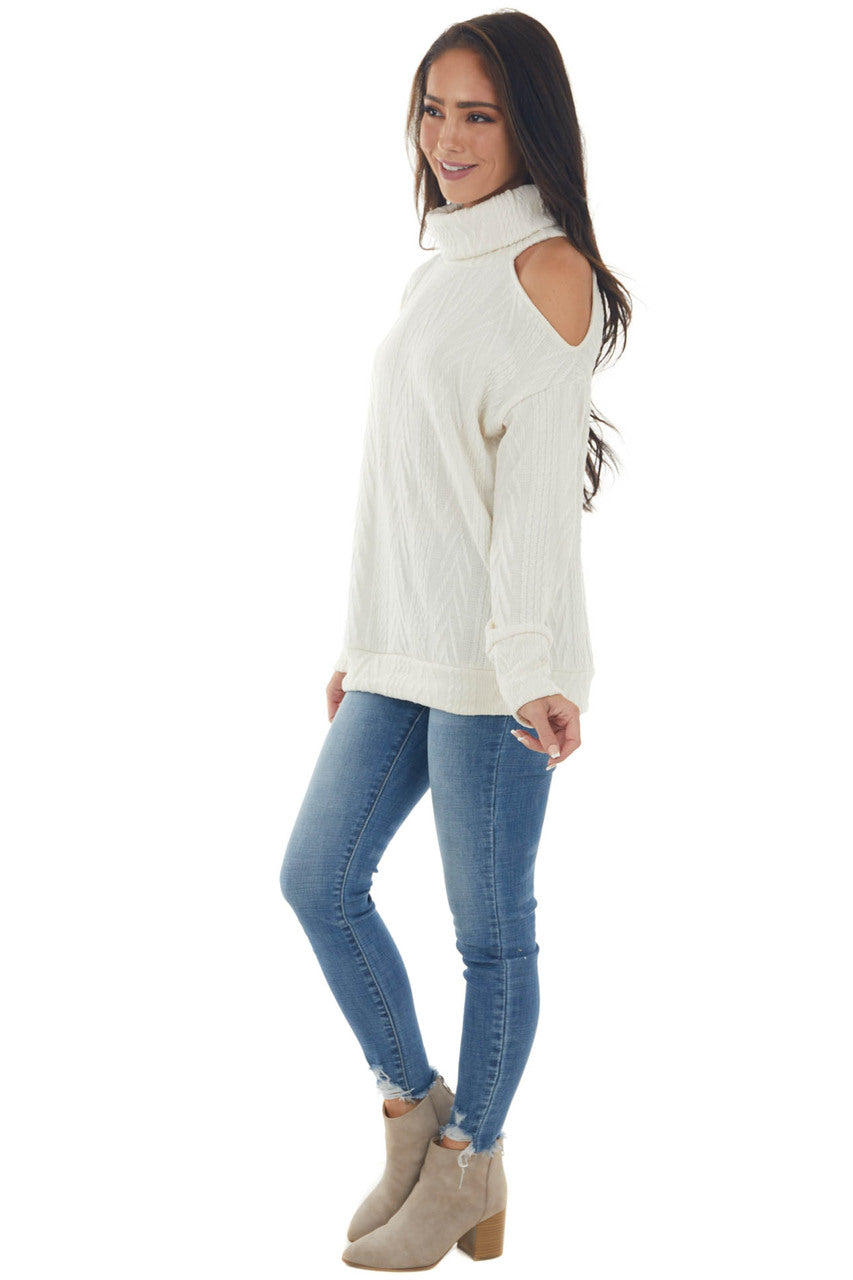 Cream Textured Cowl Neck Cold Shoulder Sweater 