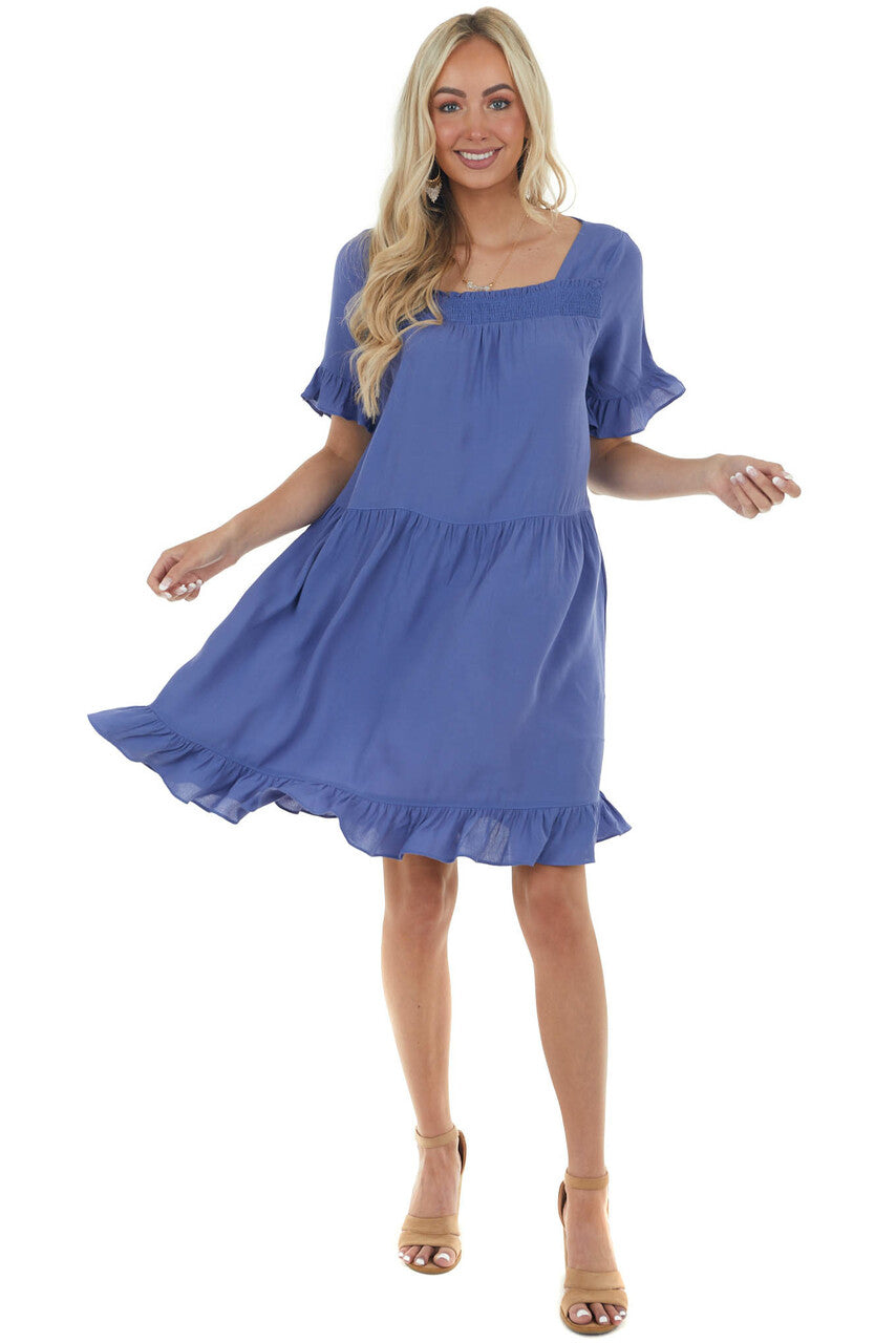 Deep Dusty Blue Square Neck Tiered Short Dress