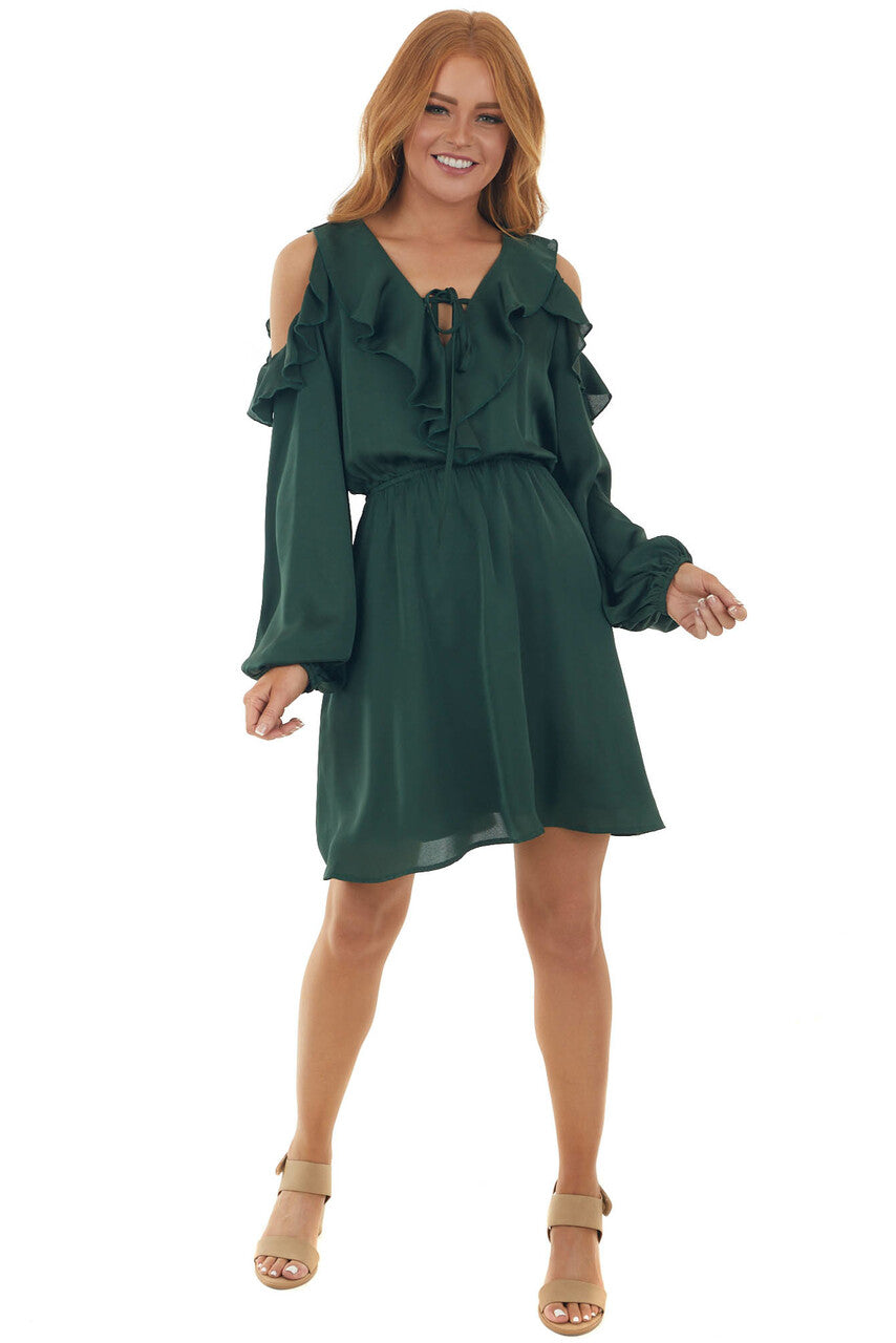 Forest Green Cold Shoulder V Neck Short Dress