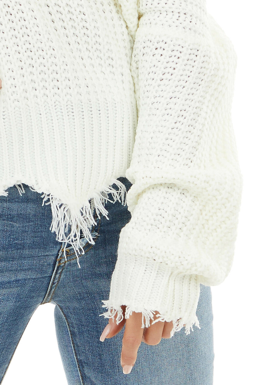 Ivory V Neck Sweater with Distressed Detail