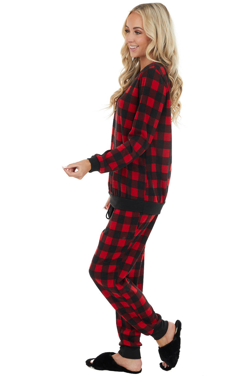 Cranberry Red and Black Buffalo Plaid Long Sleeve Knit Top