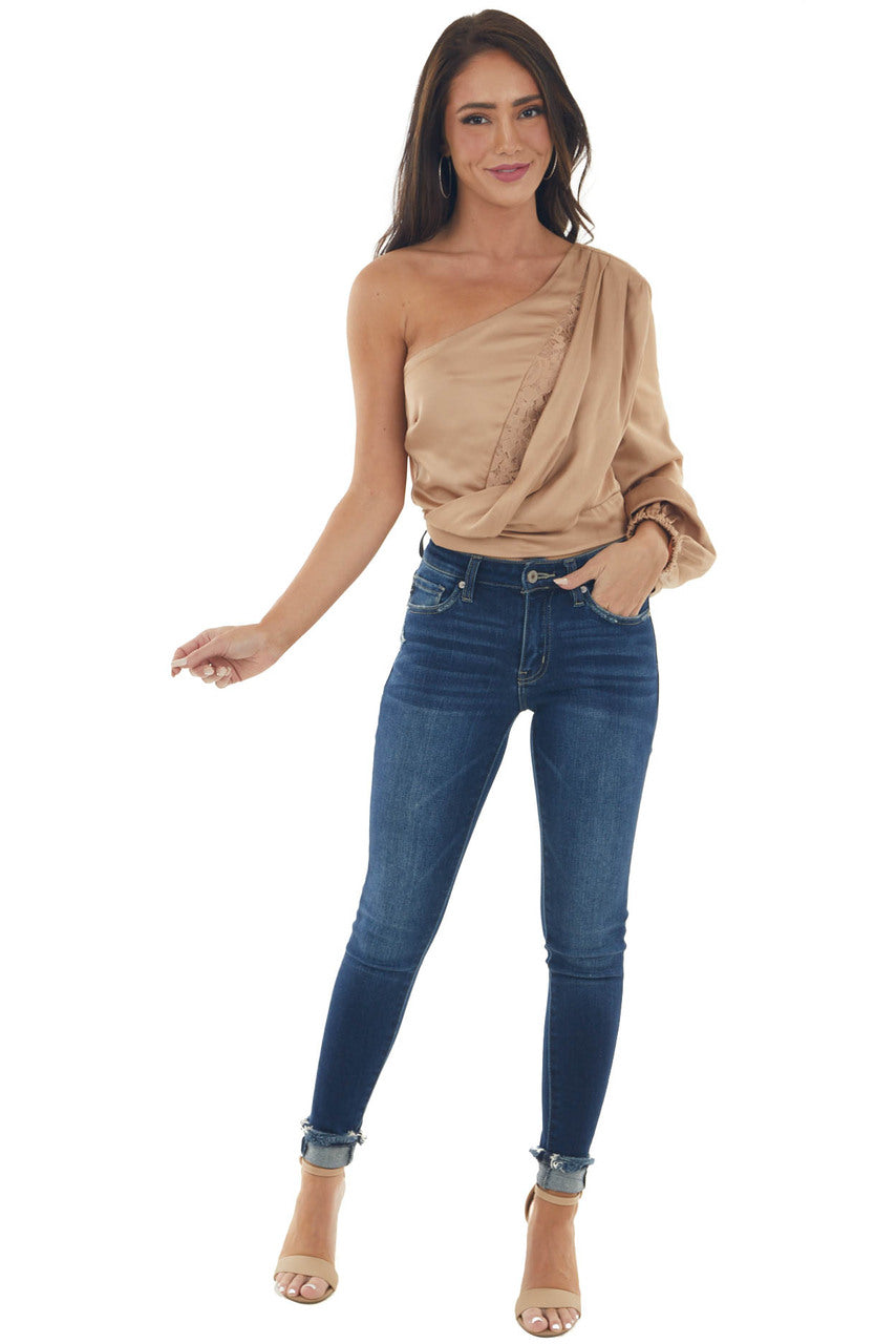 Nude One Shoulder Satin Crop Blouse with Lace 