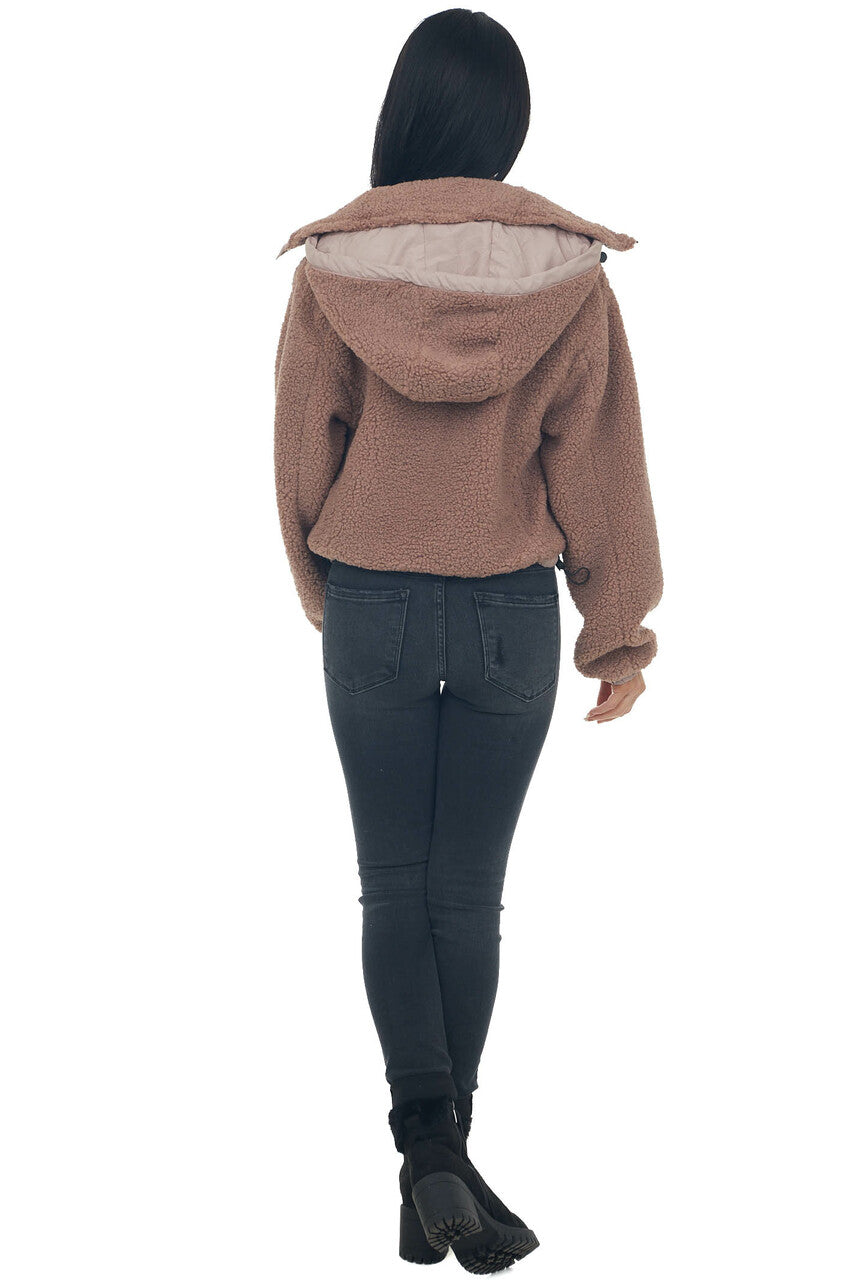 Rose Taupe Mock Neck Hooded Cozy Teddy Jacket 