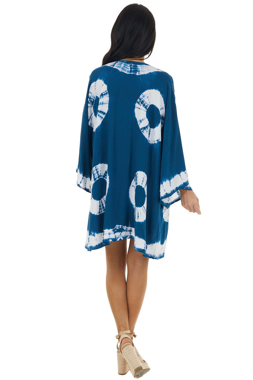 Sea Blue and Ivory Circle Tie Dye Woven Kimono 
