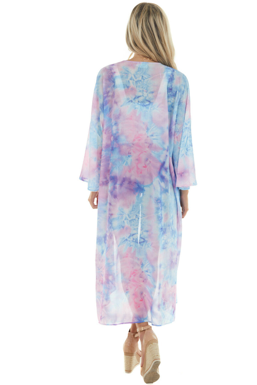 Sky Blue Tie Dye Open Front Chiffon Kimono