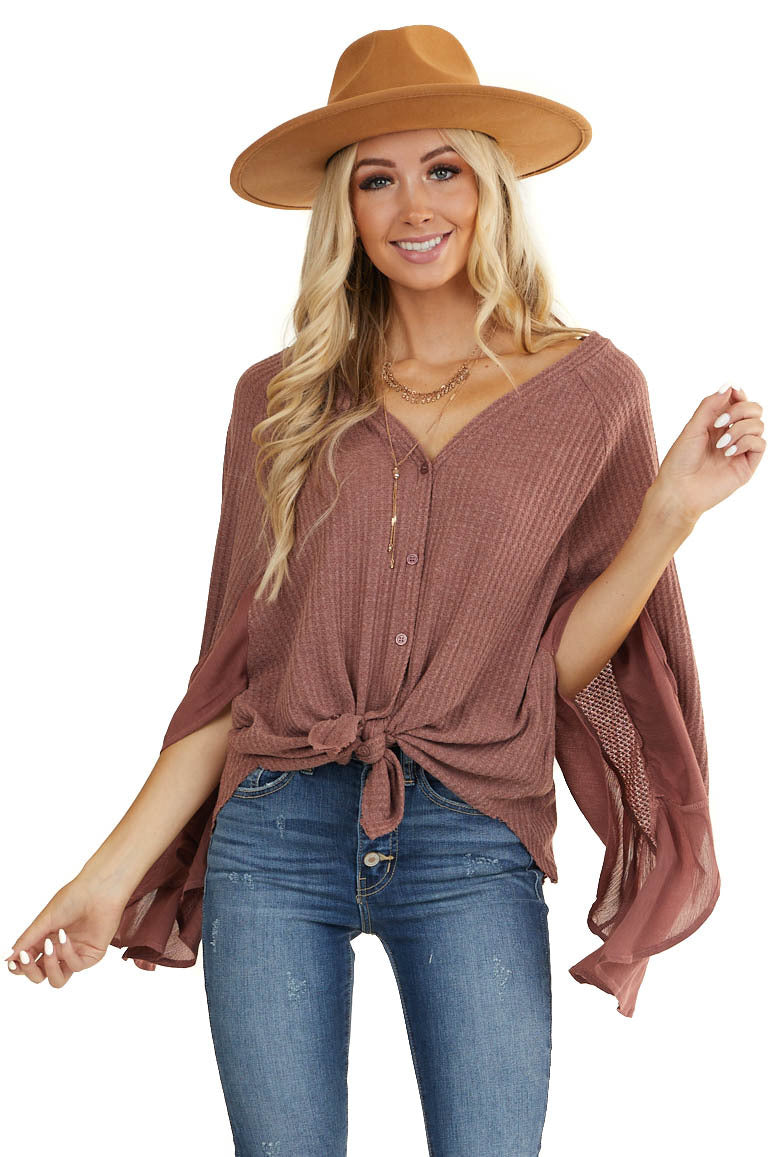 Mauve Waffle Knit Button Up Top with Trumpet Sleeves 