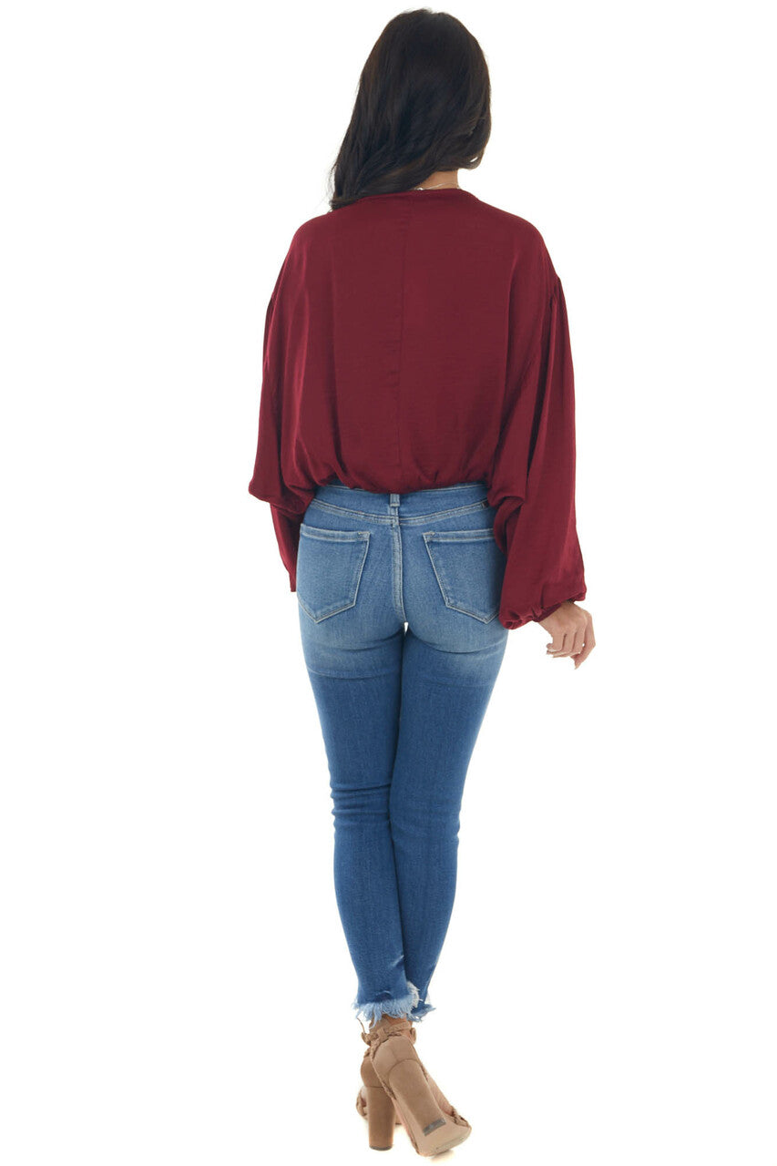 Maroon Bubble Sleeve Blouse with Tie Detail 