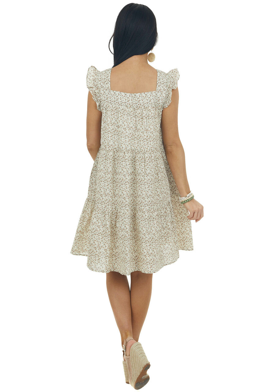 Cream Ditsy Floral Textured Square Neck Dress 
