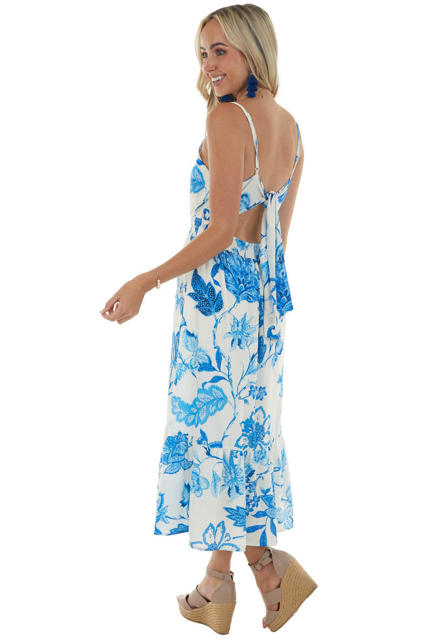 Royal Blue and Ivory Floral Print Midi Dress