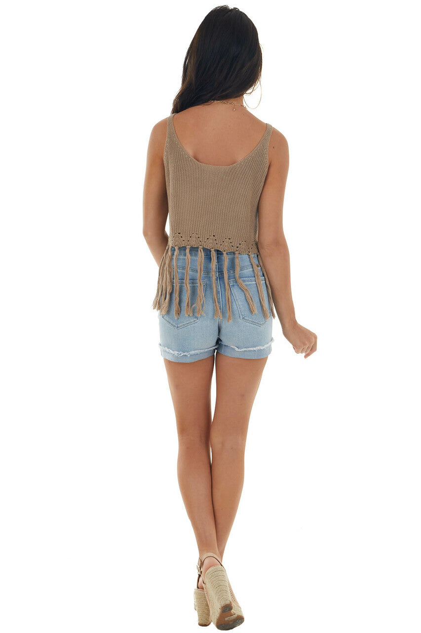 Taupe Sweater Knit Cropped Fringe Tank Top