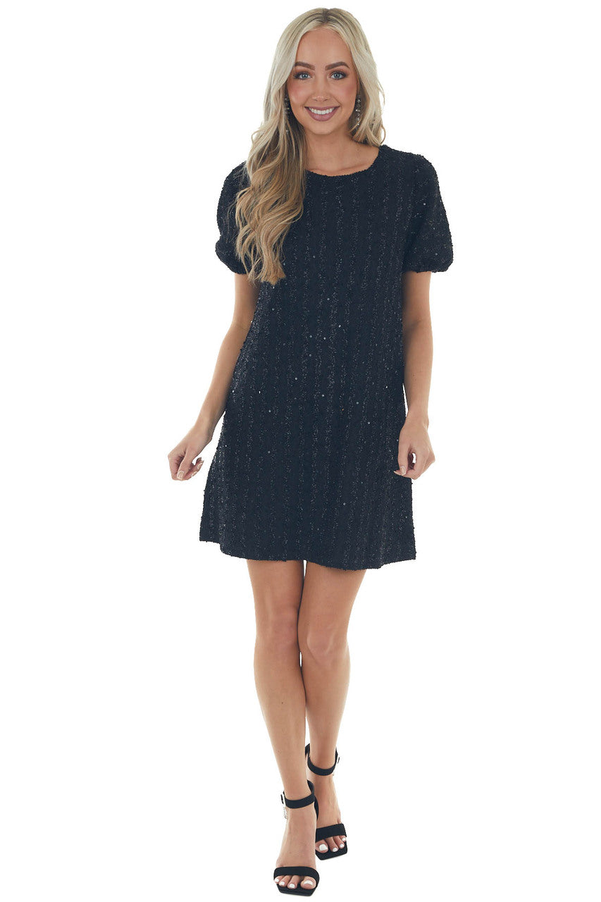 Black Textured Metallic Threaded Shift Dress