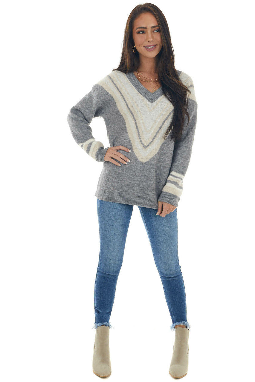 Heathered Steel Striped Chevron V Neck Sweater 