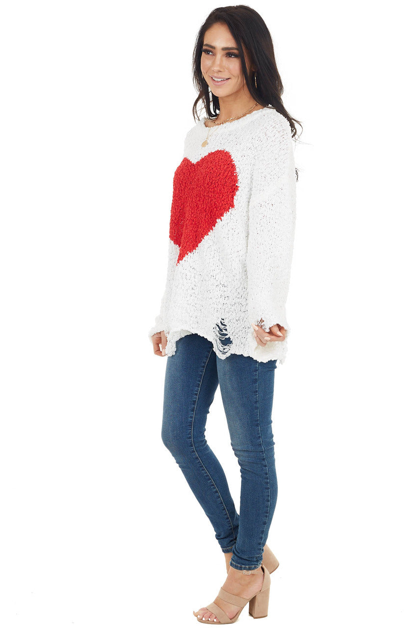 White Long Sleeve Distressed Sweater with Red Heart Detail