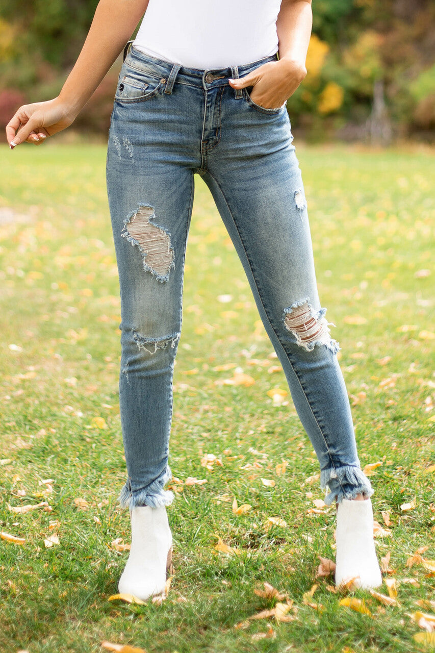 Medium Wash Distressed Mid Rise Skinny Jeans with Frayed Hem