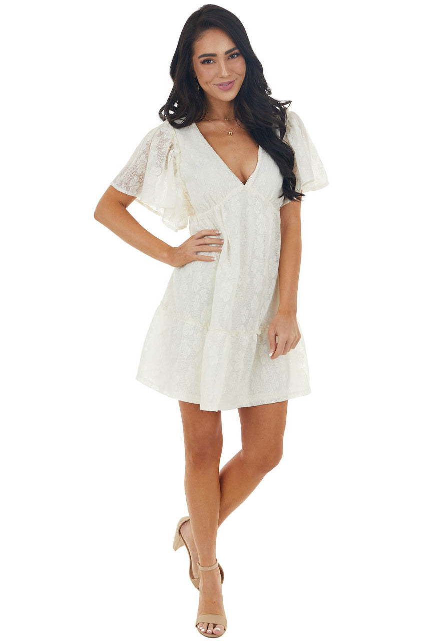 Cream Lace Mini Babydoll Dress with Open Back