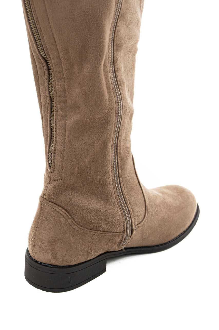 Taupe Faux Suede Knee High Zip Up Boots with Rounded Toe 