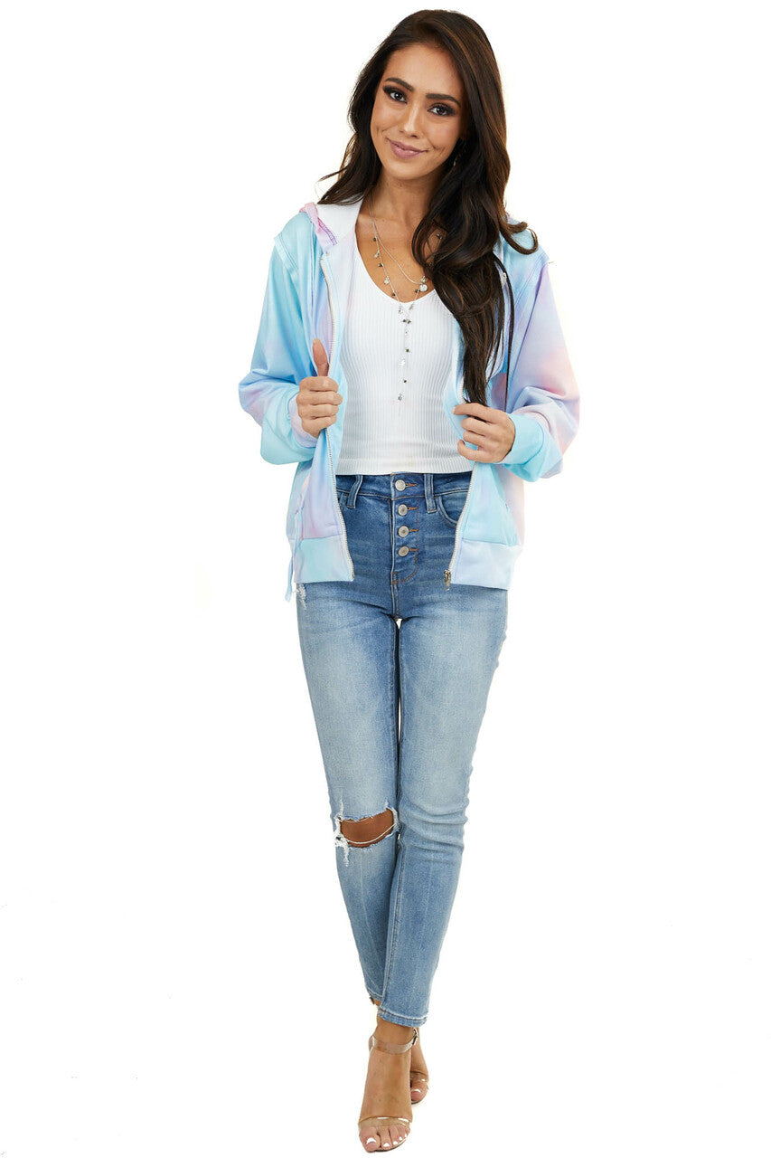 Sky Blue Tie Dye Zip Up Front Hoodie with Drawstrings