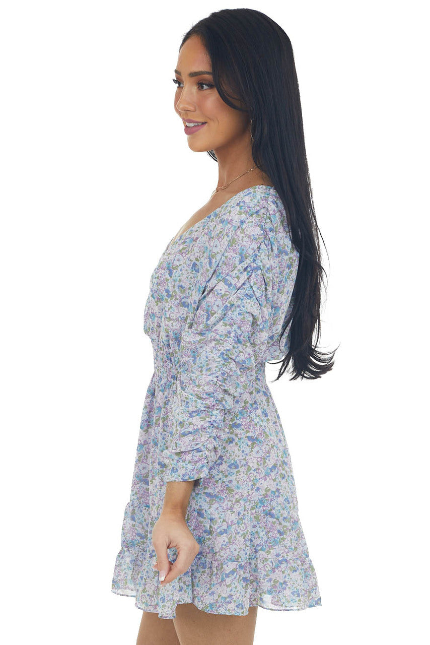 Powder Blue Floral Print Surplice Short Dress 