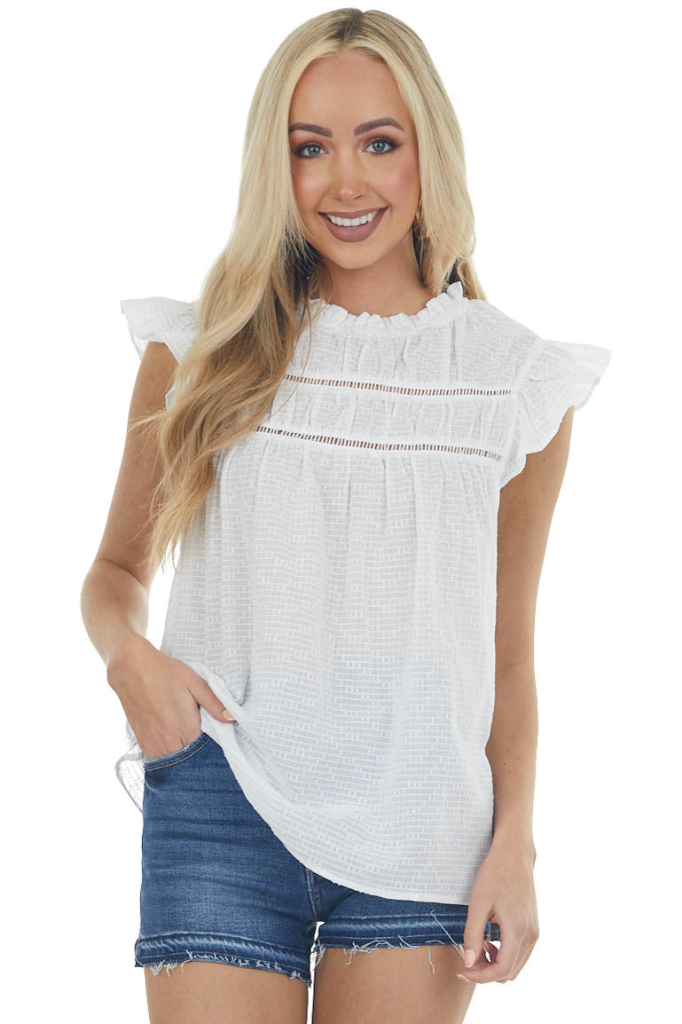 Off White Cap Sleeve Blouse with Lace Yoke