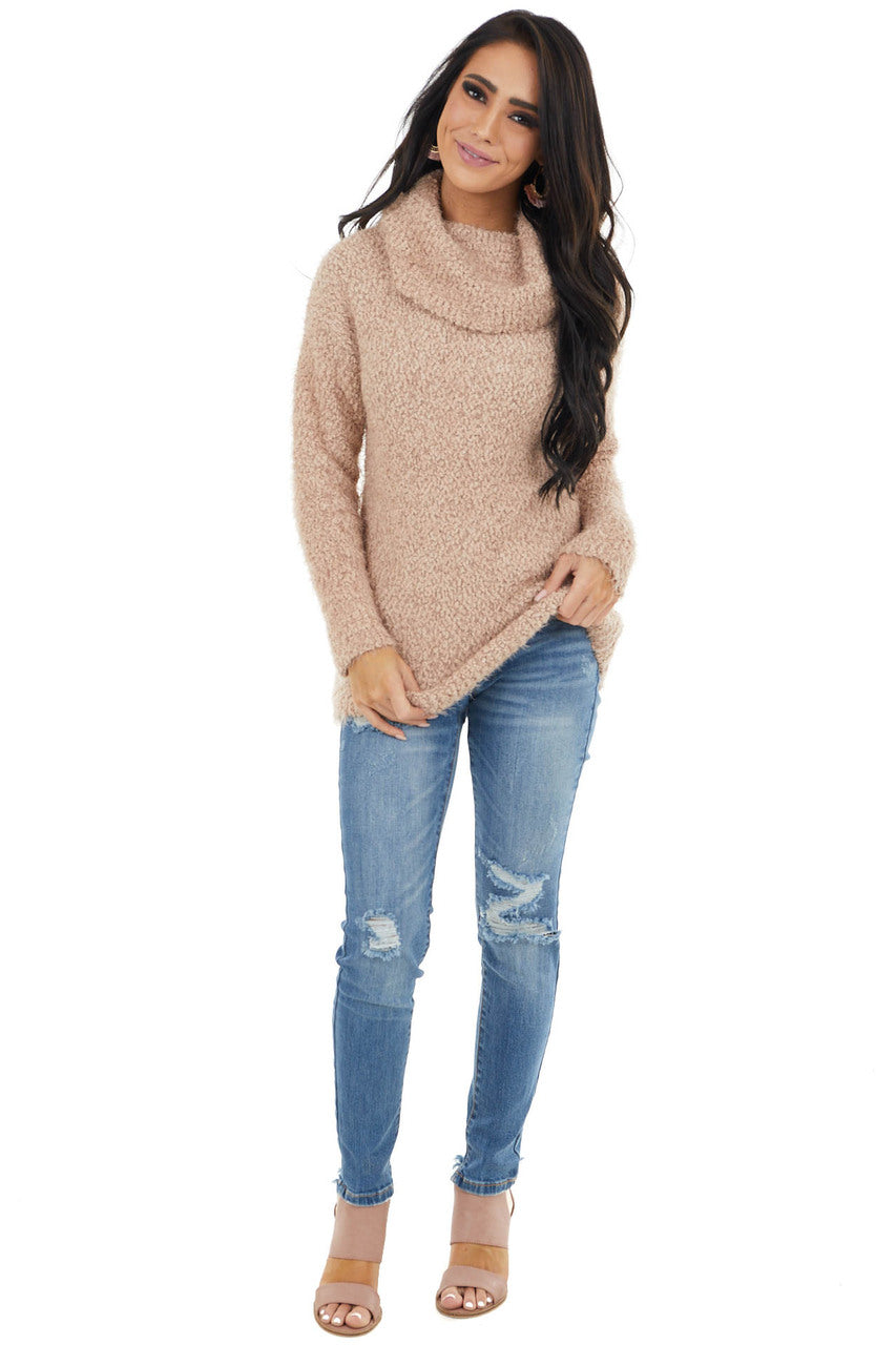 Light Mocha Fuzzy Stretchy Knit Sweater with Turtleneck