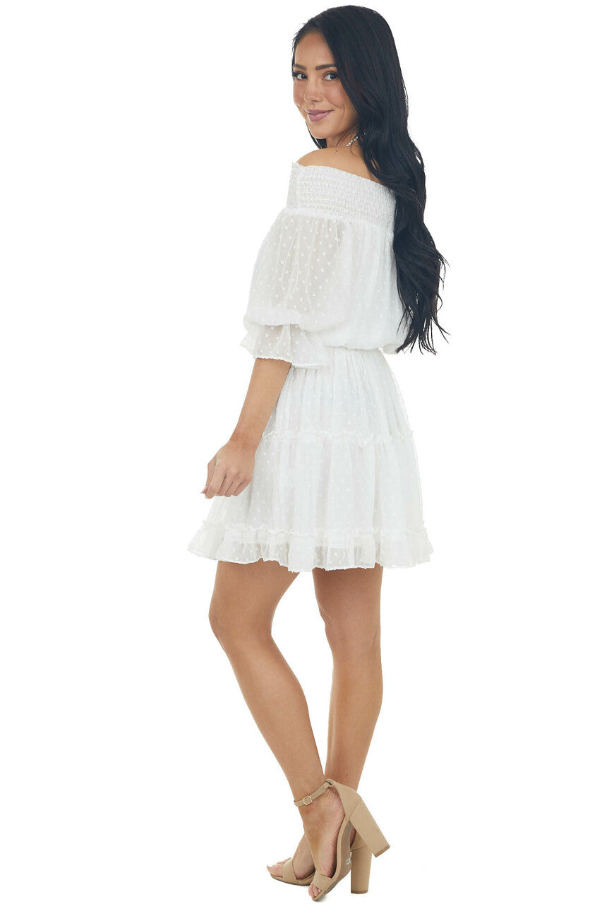 Ivory Off the Shoulder Swiss Dot Short Dress