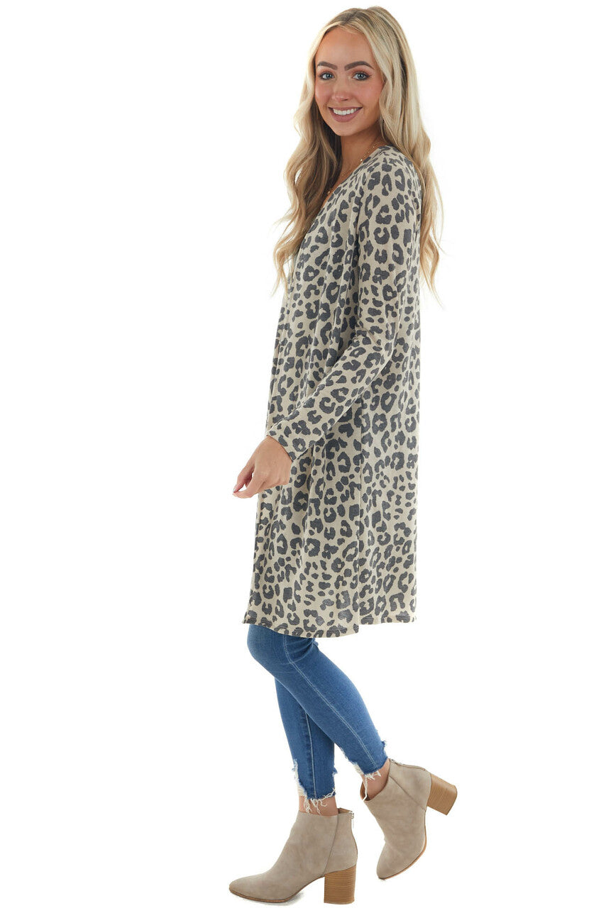 Sand Leopard Print Open Front Knit Cardigan
