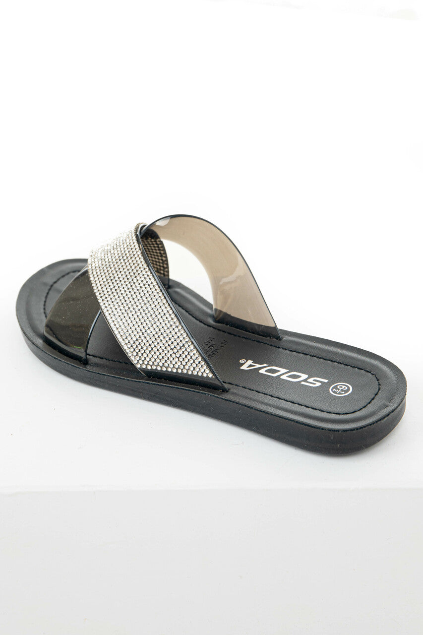 Black and Rhinestone Criss Cross Strap Sandals 