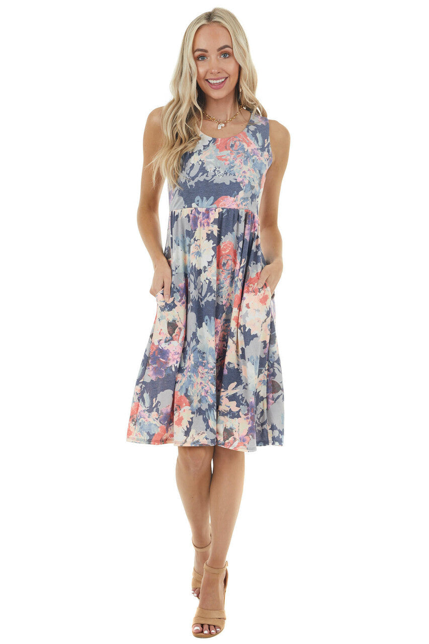 Navy Floral Print Drop Waist Sleeveless Short Knit Dress