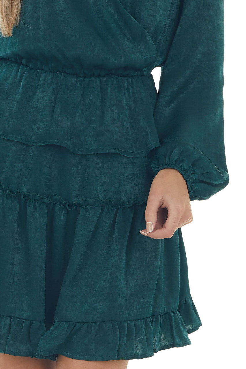Forest Green Tiered Satin Surplice Dress