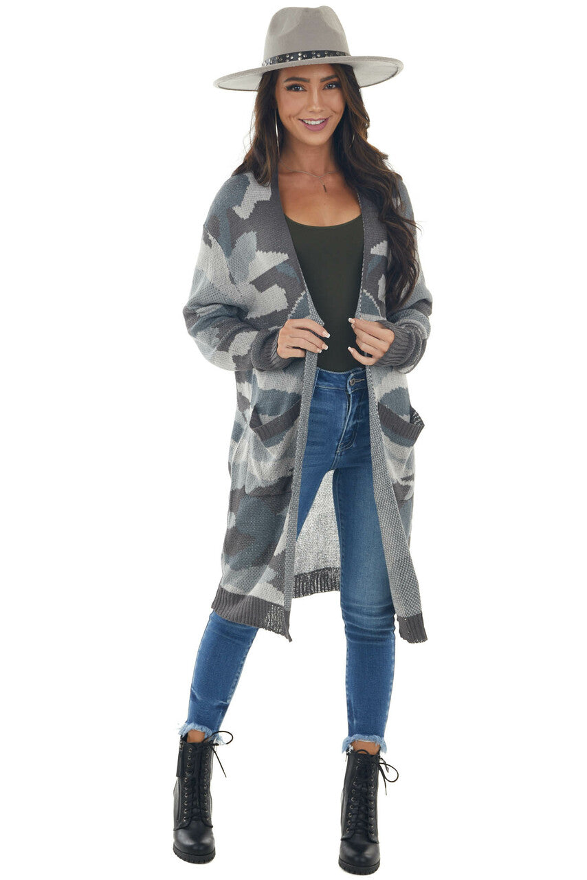 Steel Grey Camo Print Stretchy Knit Cardigan 